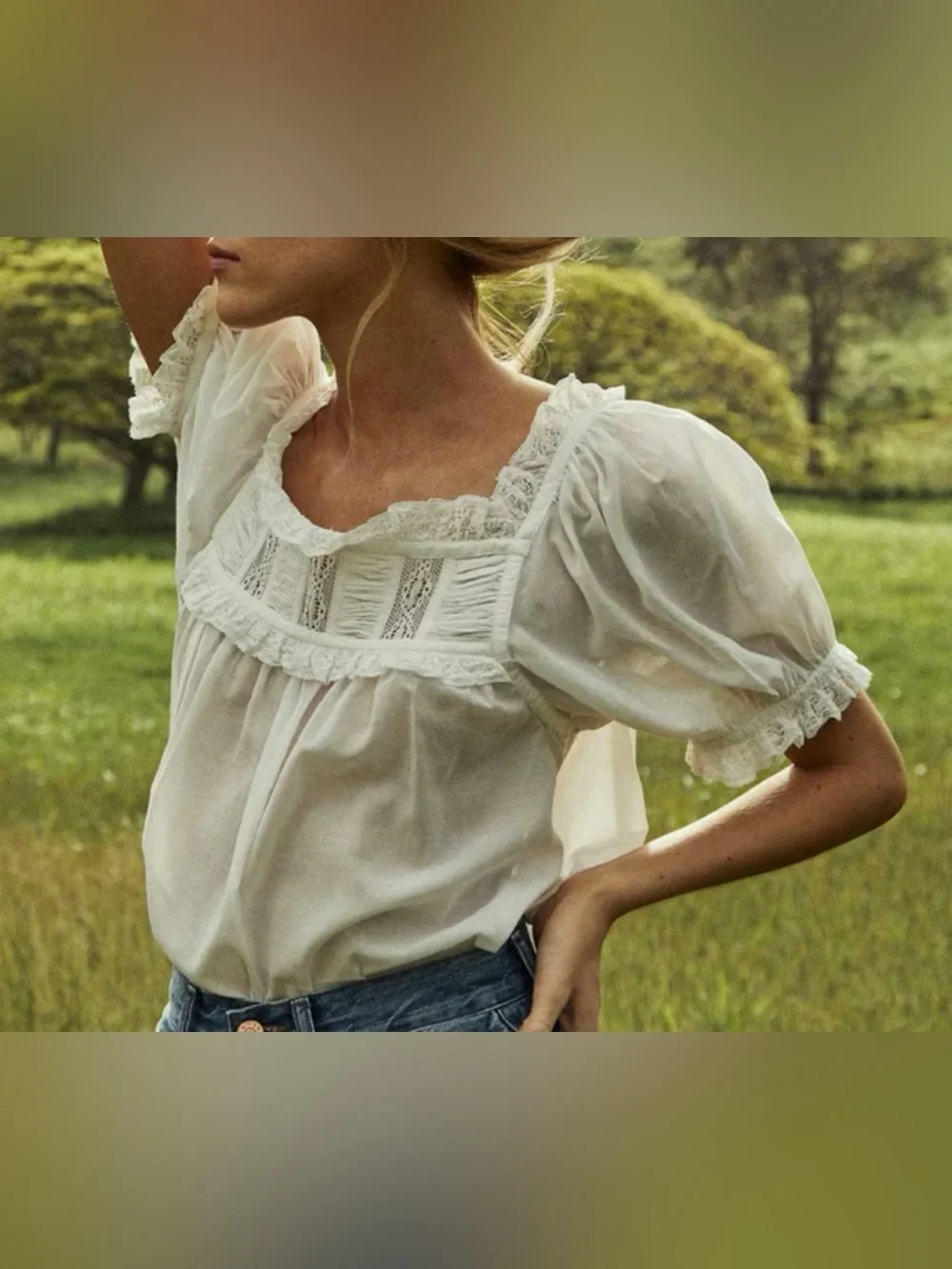 Doen Ivory Lace-Trim Puff Sleeve Blouse - Picture 1 of 2